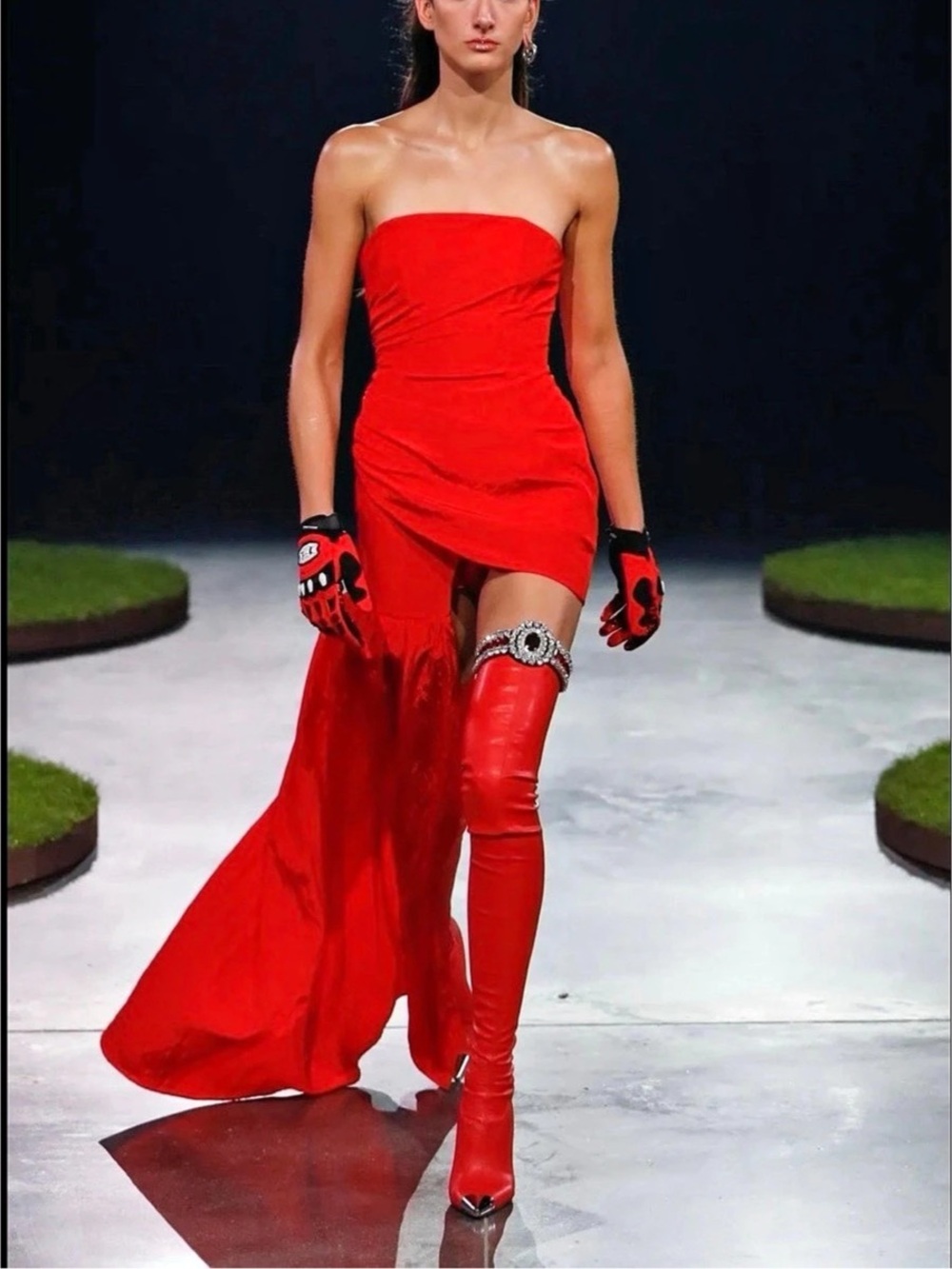 David Koma Asymmetric Cut Strapless Gown Red High-Low Dress